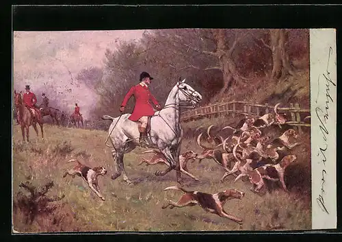 Künstler-AK M. Munk Nr. 218: Jagdgesellschaft mit Hunden unterwegs zum Waldrand