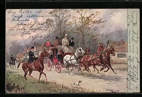 Künstler-AK M. Munk Nr. 218: Kutsche durchquert ein Dorf
