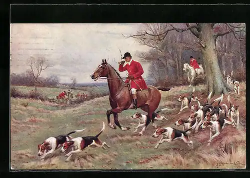 Künstler-AK M. Munk Nr. 573: Jagdgesellschaft mit Hunden auf dem Weg ins Gelände