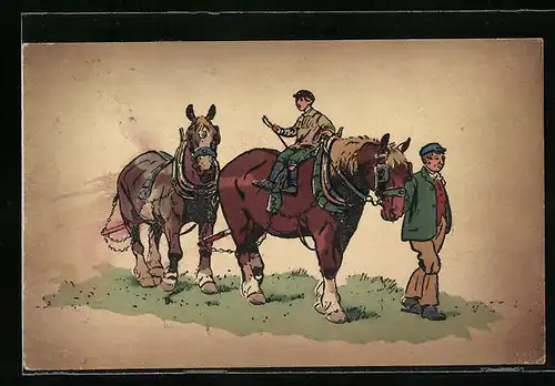 Künstler-AK M. Munk Nr. 365: Bauer mit Arbeitspferden auf dem Heimweg