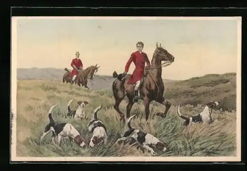 Künstler-AK M. Munk Nr. 624: Hunde nehmen bei der Jagd Witterung auf