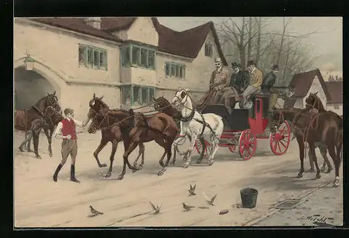 Künstler-AK M. Munk Nr. 478: Männer wechseln die Pferde an der Kutsche