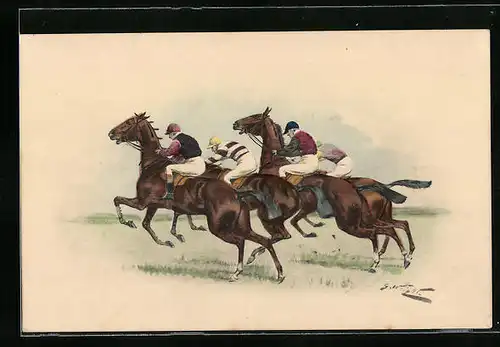 Künstler-AK M. Munk Nr. 462: Jockeys beim Pferderennen
