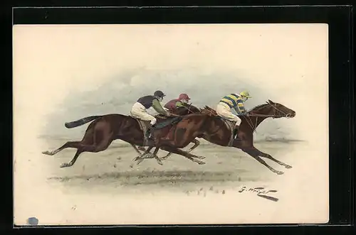 Künstler-AK M. Munk Nr. 462: Jockeys auf ihren Pferden beim Rennen