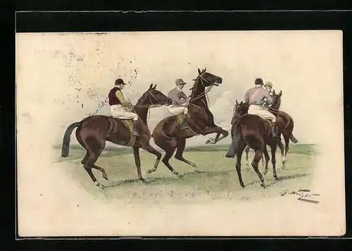 Künstler-AK M. Munk Nr. 462: Jockeys mit ihren Pferden auf dem Weg zum Start