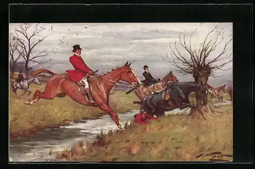 Künstler-AK M. Munk Nr. 422: Jäger überwinden mit ihren Pferden einen Bachlauf