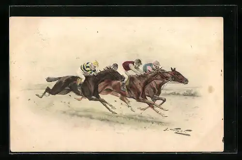 Künstler-AK M. Munk Nr. 462: Jockeys mit ihren Pferden beim Pferderennen