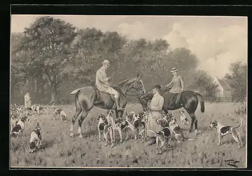 Künstler-AK M. Munk Nr. 397: Jagdgesellschaft versammelt sich mit den Hunden auf der Wiese