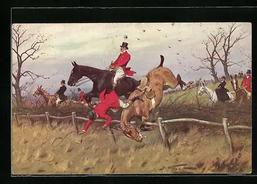 Künstler-AK M. Munk Nr. 422: Jäger stürzt mit seinem Pferd über einen Zaun