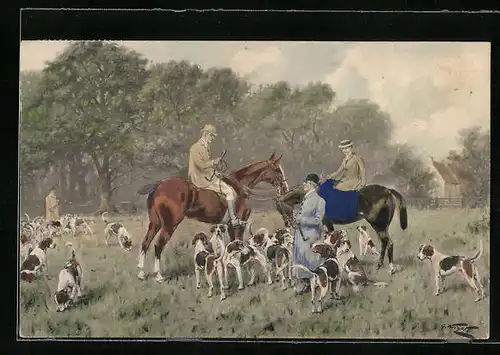 Künstler-AK M. Munk Nr. 397: Jagdgesellschaft versammelt sich mit Pferden und Hunden auf einer Wiese