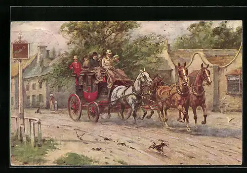 Künstler-AK M. Munk Nr. 374: Kutsche durchquert ein Dorf