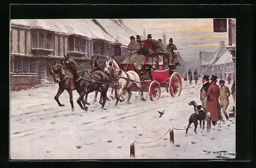 Künstler-AK M. Munk Nr. 374: Kutsche erreicht die winterliche Stadt