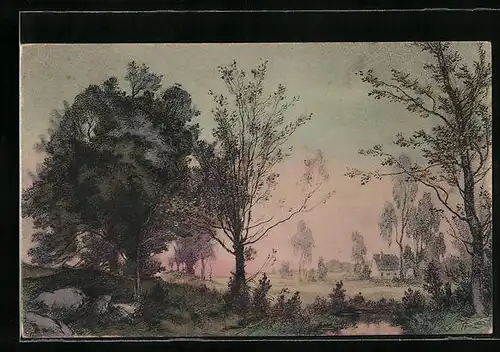 Künstler-AK M. Munk Nr. 715: Landschaft mit hohen Bäumen
