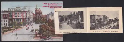 Leporello-AK Lemberg, Halitscher-Platz mit Bernardiner-Kirche, Bahnhof, Technische Hochschule