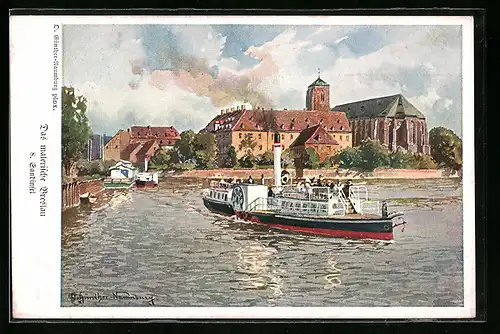 Künstler-AK Breslau, Das malerische Breslau - Sandinsel mit Dampfer