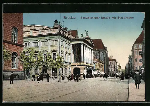 AK Breslau, Schweidnitzer Strasse mit Stadttheater