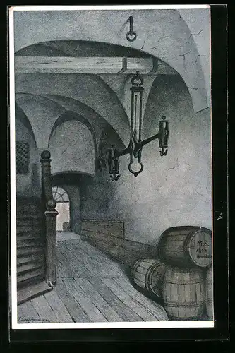 Künstler-AK Breslau, Haupteingang zu O. T. Schroeters Kaufhaus, Stätten zu Freytags Soll und Haben