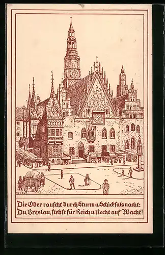 Künstler-AK Breslau, Das Rathaus, Karte des Deutschen Ostbund Berlin