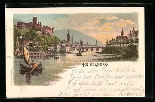 Lithographie Heidelberg, Flusspartie mit Brücke und Heidelberger Panorama