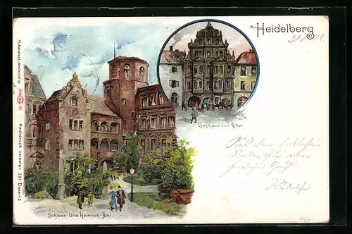 Lithographie Heidelberg, Gasthaus zum Ritter, Schloss Otto Heinrich-Bau