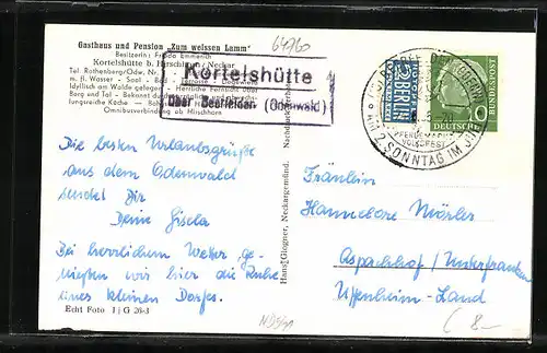 AK Kortelshütte /Odenwald, Gasthaus und Pension Zum weissen Lamm, Bes. Frieda Emmerich