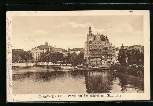 AK Königsberg i. Pr., Partie am Schlossteich mit Stadthalle