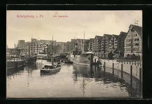 AK Königsberg i. Pr., Die Lastadie mit Schiffen