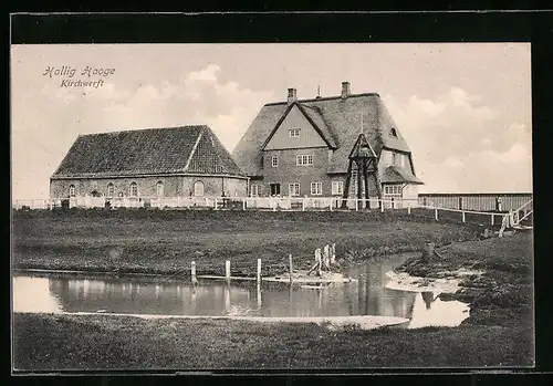 AK Hallig Hooge, Kirchwerft mit Wasser