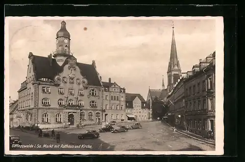 AK Geringswalde i. Sa., Markt mit Rathaus und Kirche