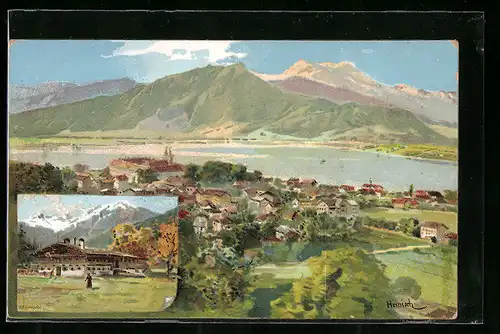 Künstler-AK Tegernsee, Teilansicht, Bauer in der Au