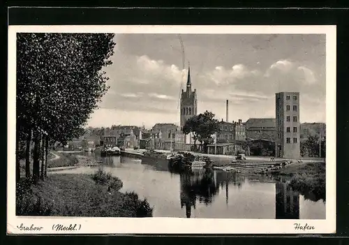 AK Grabow /Meckl., Hafen mit Kirche