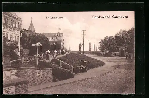 AK Cuxhaven, Deichstrasse mit Leuchtturm