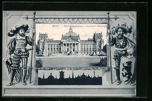 AK Berlin, Reichstaggebäude und Bismarck-Denkmal