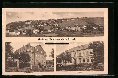 AK Deutschneudorf /Erzgeb., Teilansicht, Gemeindeamt, Schule