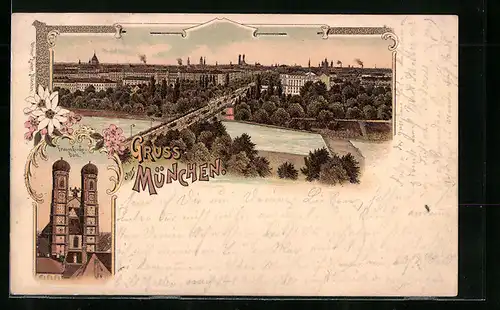 Lithographie München, Teilansicht mit Brücke, Frauenkirche-Dom