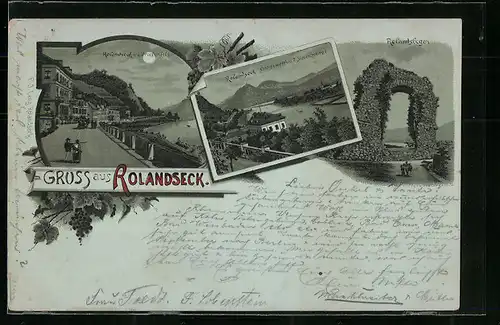 Mondschein-Lithographie Rolandseck, Ortspartie u. d. Drachenfels, Nonnenwerth u. d. Siebengebirge, Rolandsbogen