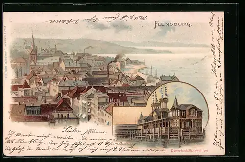 Lithographie Flensburg, Dampfschiffs-Pavillon, Teilansicht