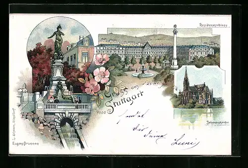 Lithographie Stuttgart, Residenzschloss, Johanneskirche, Eugens-Brunnen