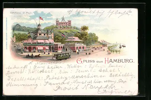 Lithographie Hamburg-St. Pauli, Gasthaus Fährhaus mit Strassenbahn