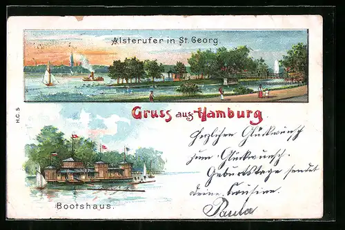 Künstler-AK Hamburg-St. Georg, Bootshaus