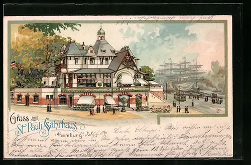 Lithographie Hamburg-St. Pauli, Gasthaus Fährhaus mit Strassenbahn