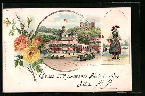 Lithographie Hamburg-St. Pauli, Gasthaus Fährhaus mit Strassenbahn, Frau in Tracht