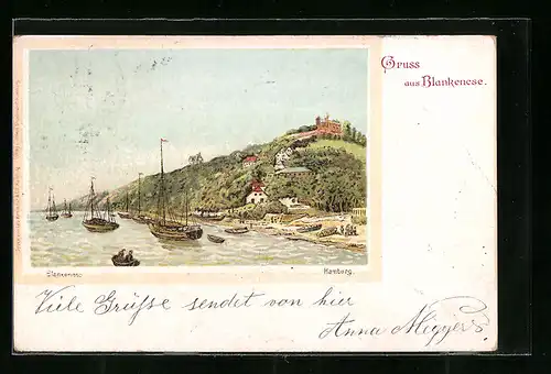Lithographie Hamburg-Blankenese, Uferpartie mit Booten