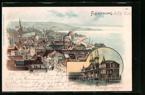 Lithographie Flensburg, Dampfschiffs-Pavillon, Ortsansicht