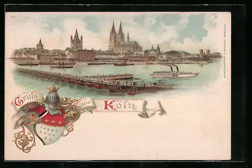 Lithographie Köln, Teilansicht mit Rhein und dem Dom, Wappen