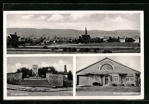 AK Pfaffenschwabenheim b. Bingen, Gesamtansicht, Kriegerdenkmal, Winzer-Genossenschaft