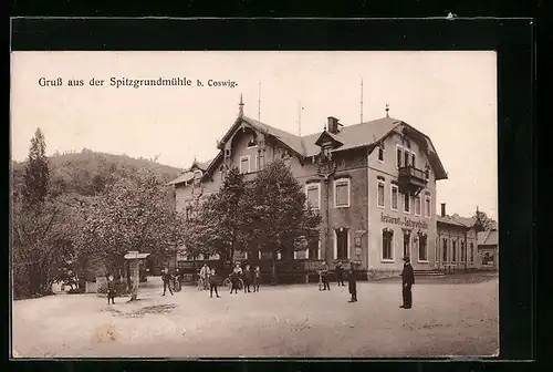 AK Coswig, Gruss aus dem Restaurant Zur Spitzgrundmühle