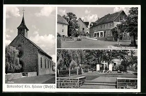 AK Bökendorf /Kr. Höxter, Kirche, Kaufhaus Karl Siebrecht, Ehrenmal