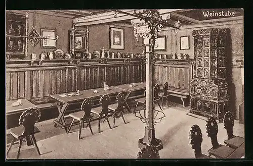 AK Würzburg, Bürgerspital-Weinstube, Innenansicht mit Kachelofen