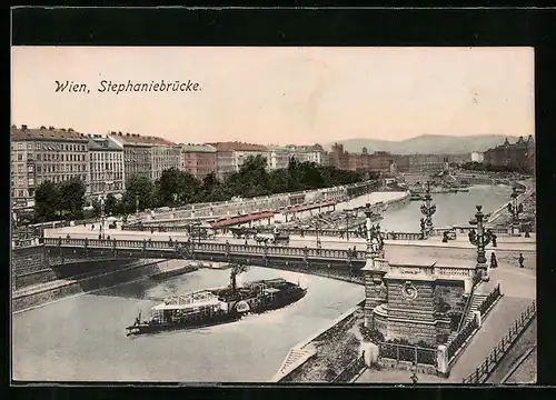 AK Wien, Stephaniebrücke mit Dampfer Wien